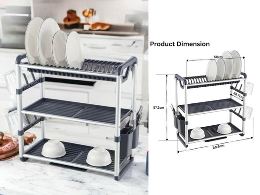 3 Tiers Aluminium Dish Rack with Removable Plastic Tray